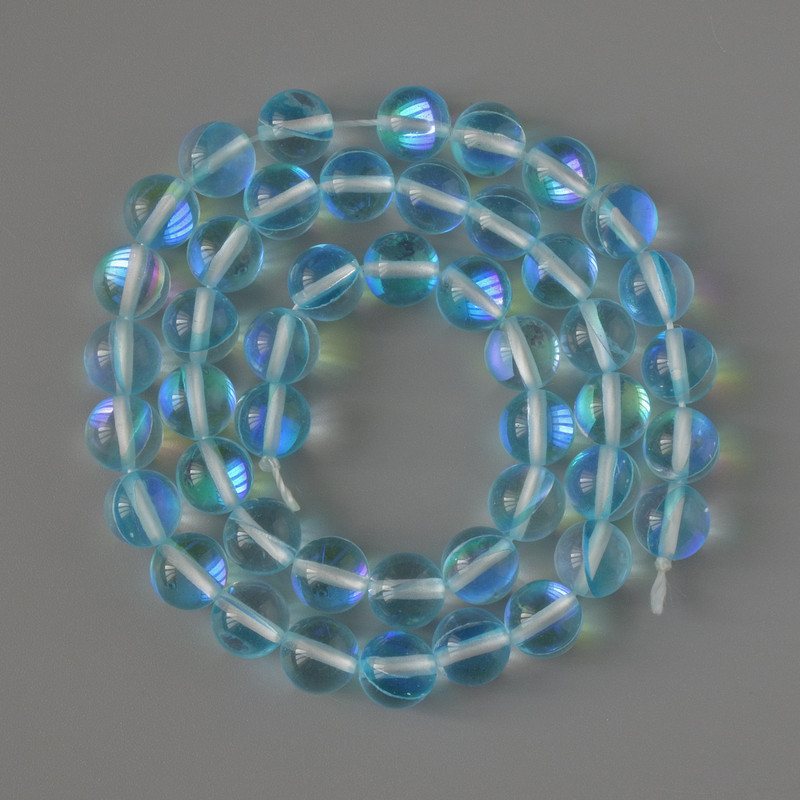 Opal Glass Beads smooth round sky blue transparent chameleon, diameter 8mm +/-, length 38cm +/- on a thread