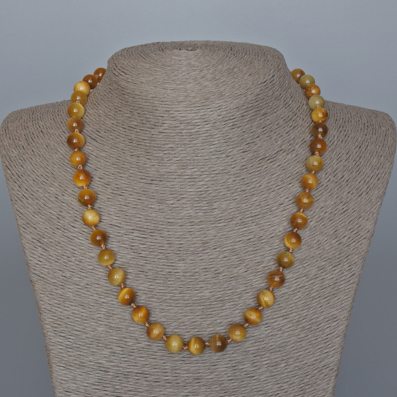 Yellow Cat's Eye Necklace, Natural Stone Smooth Round Beads, Diameter 8.5mm+-, Length 45cm+- with Clasp