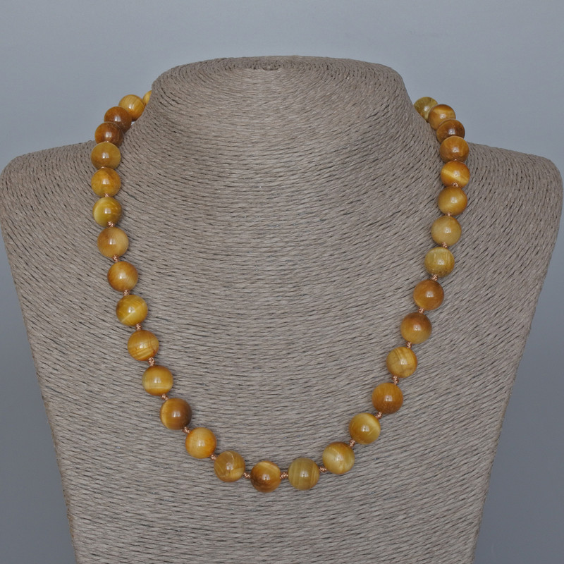 Yellow Cat's Eye Necklace, Natural Stone Smooth Round Beads, Diameter 10.5mm+-, Length 49cm+