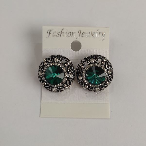 Stud Earrings with Round Green Crystals, Openwork Rhinestone Setting, Diameter 20mm