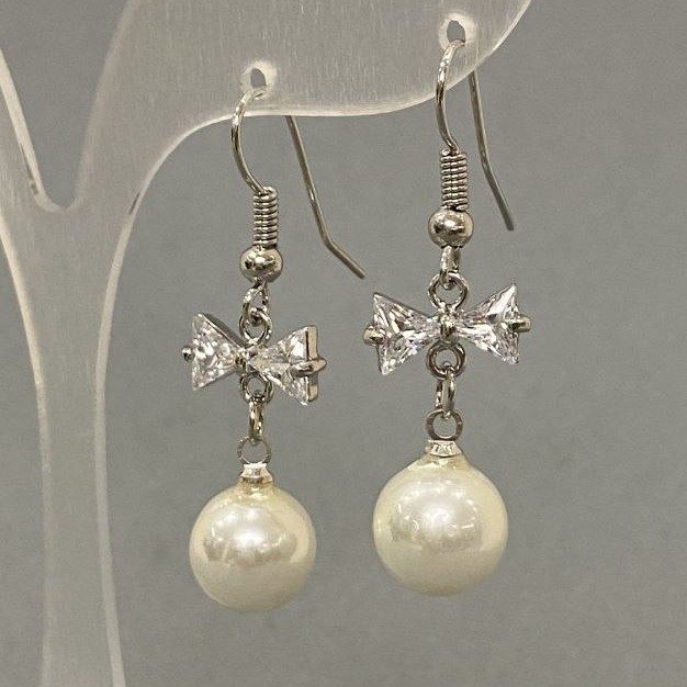 Earrings with White Crystal and Bead, Diameter 10mm, Length 36mm, Rhodium Plated