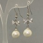 Earrings with White Crystal and Bead, Diameter 10mm, Length 36mm, Rhodium Plated