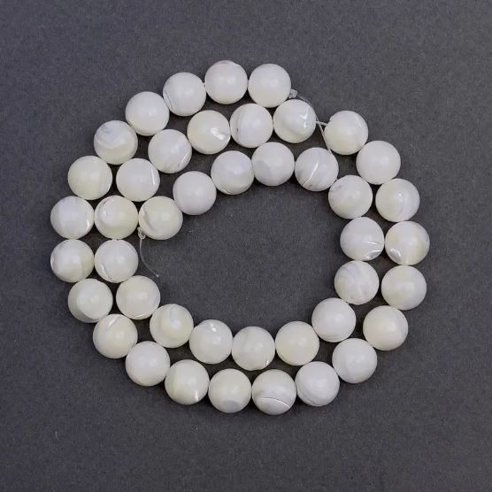 Mother-of-Pearl Beads, Smooth Round, Diameter 10mm+/-, Length 39cm+/- on Fishing Line