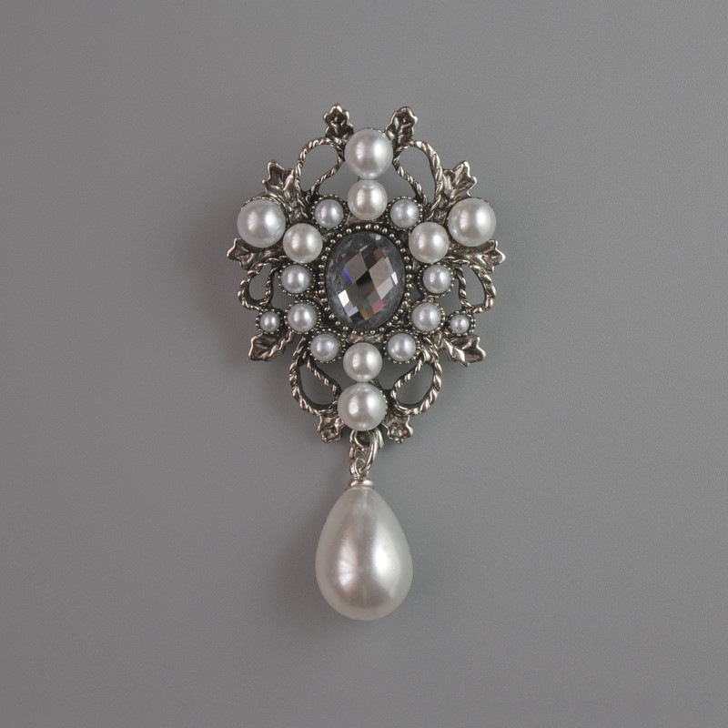 Accent Brooch white beads, grey crystal, silver-tone metal 51x28mm