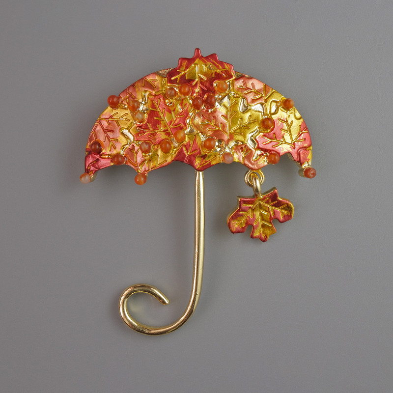 Umbrella Brooch orange and yellow enamel, beads, gold-tone metal 62x50mm