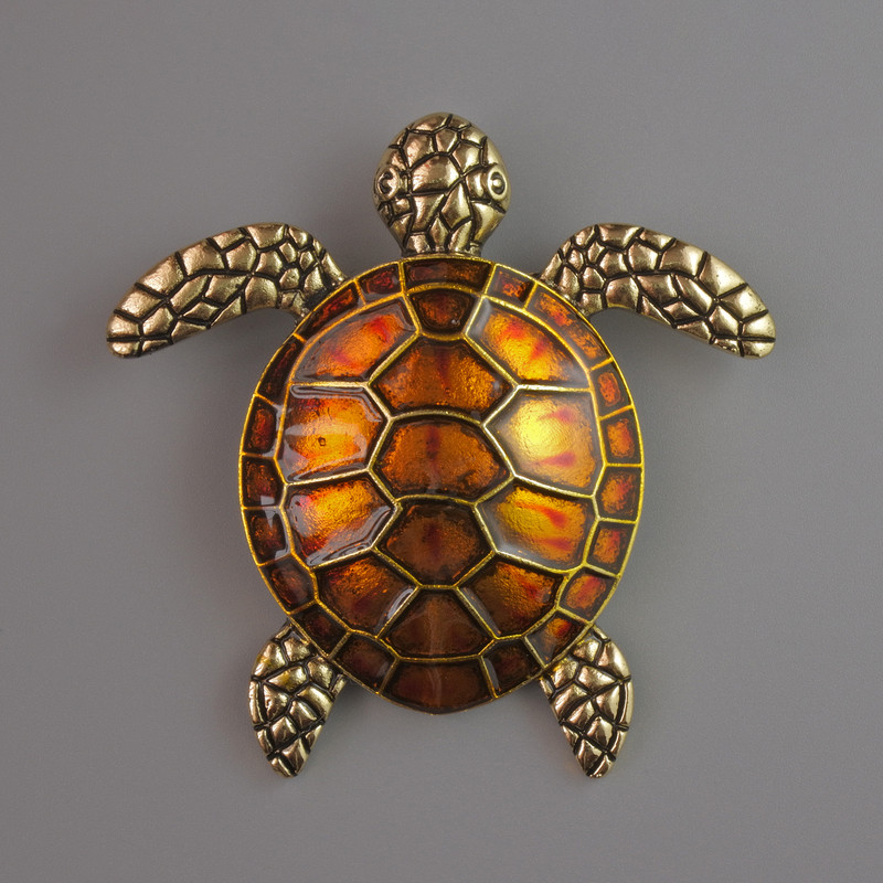 Brooch Pendant Turtle Orange Enamel, Gold-Tone Metal 55x55mm