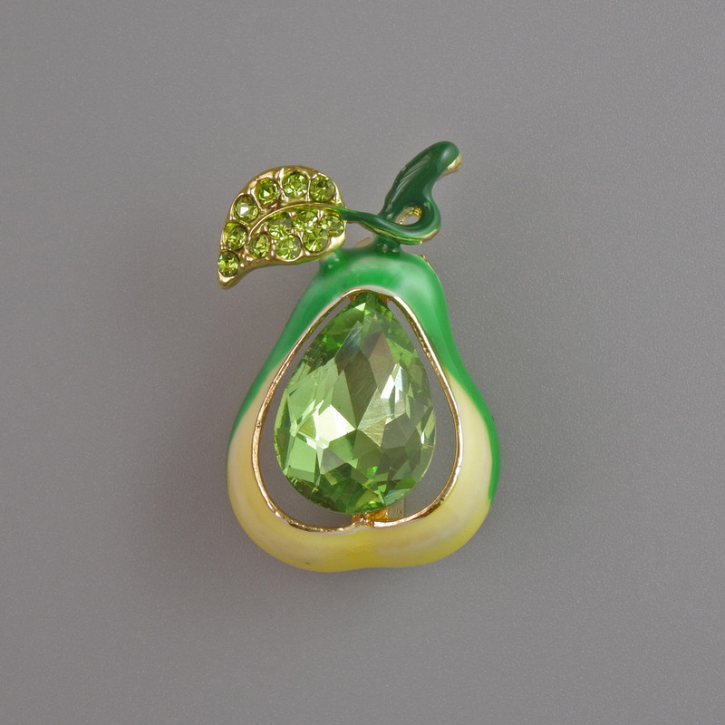 Brooch Pear Green Enamel, Crystal and Rhinestones, Gold-tone Metal 25×17mm