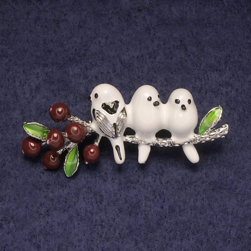 Brooch Birds on a Branch White and Brown Enamel, Silver-Coloured Metal 21x55mm