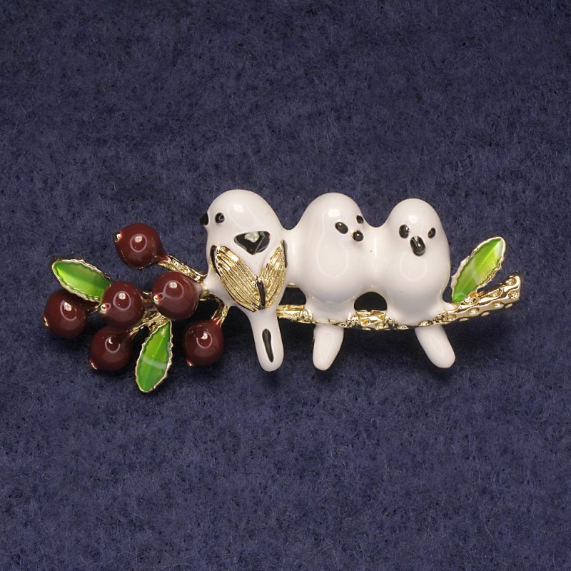 Brooch Birds on a Branch White and Brown Enamel, Gold-tone Metal 21x55mm