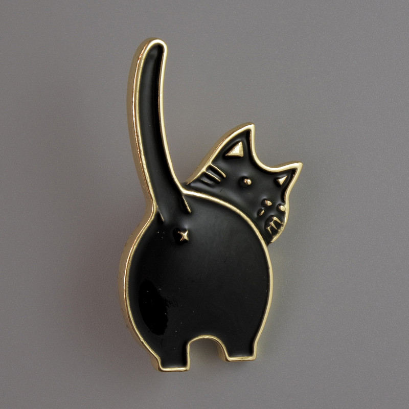 Brooch Cat Black Enamel, Gold-Coloured Metal 37×20mm