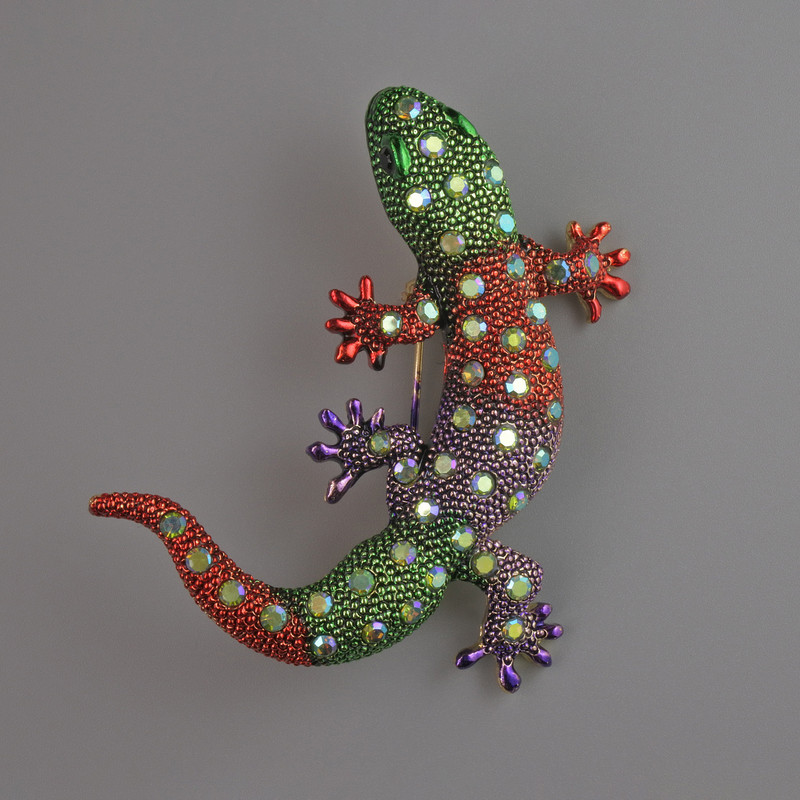 Lizard Brooch Pendant, Multicoloured Enamel and Blue Rhinestones, Gold-Tone Metal, 54x46mm