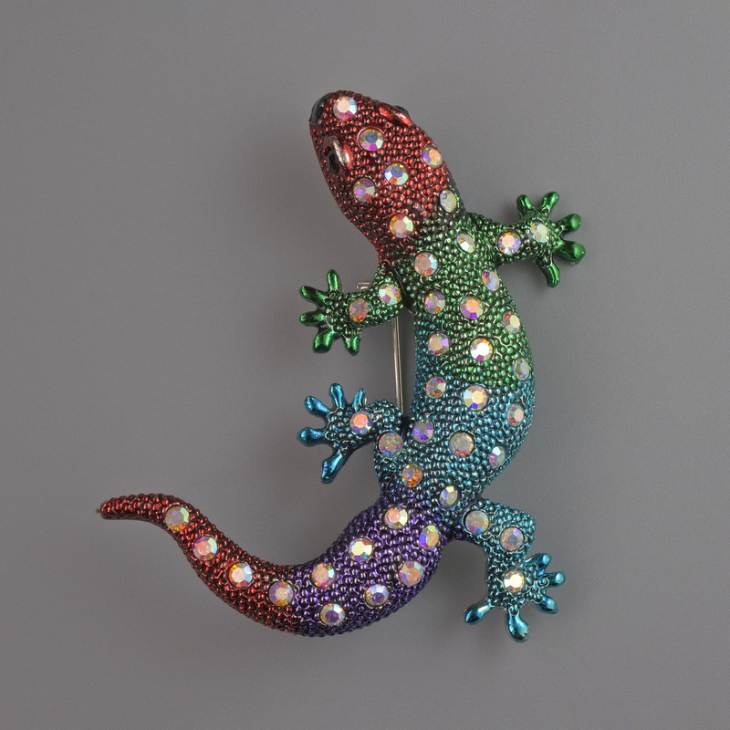 Lizard Brooch Pendant, Multicoloured Enamel and Pink Rhinestones, Silver-Tone Metal, 54x46mm
