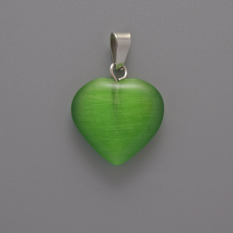 Green Cat's Eye Heart Pendant, diameter 15×16×5mm+/-, length 23mm+