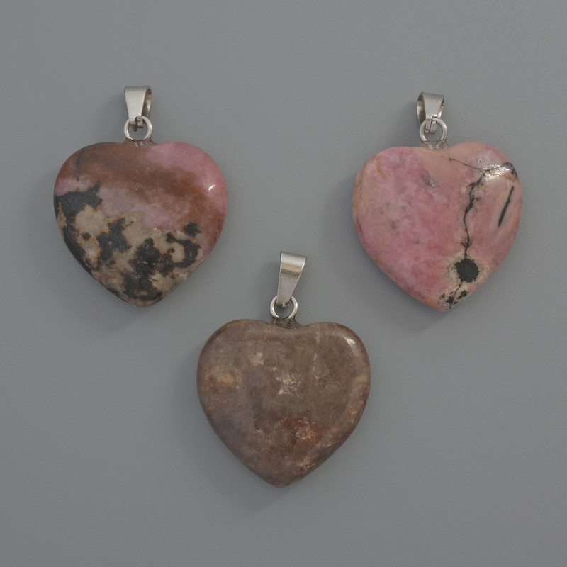 Heart Pendant Rhodonite, diameter 20x20x6mm+/-, length 28mm+