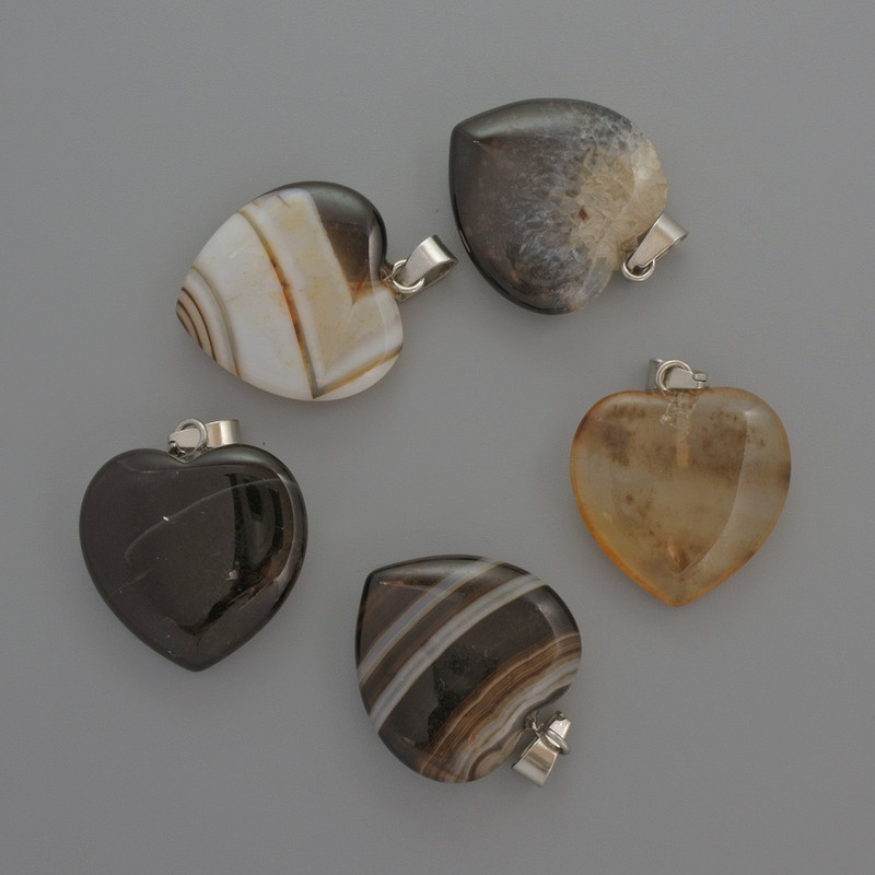 Heart Pendant Black Agate, diameter 20x20x6mm+/-, length 28mm+