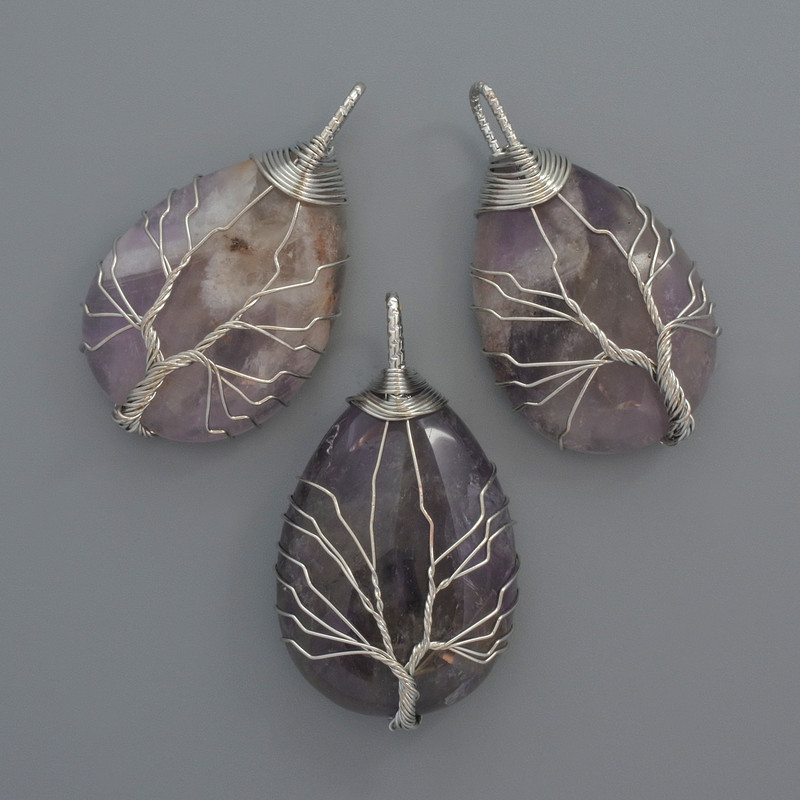 Amethyst Pendant in Silver-Tone Wire Wrap, diameter 44x24x9mm+