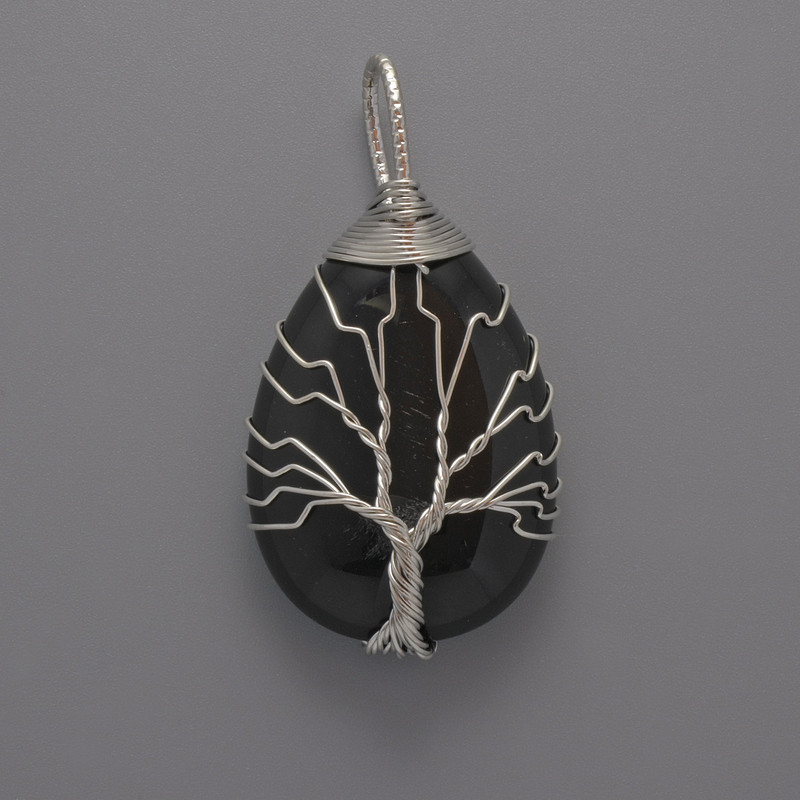 Black Agate Pendant in Silver-Tone Wire Wrap, 44x24x9mm+ Diameter