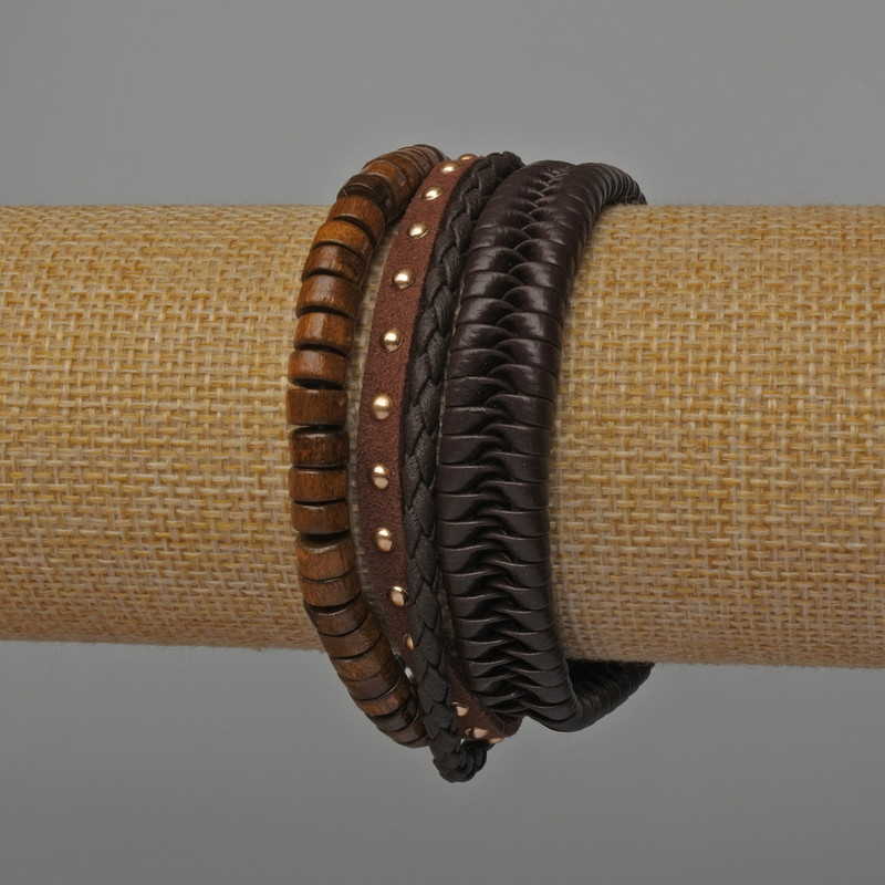 Men's Bracelet Set of 3, Eco-Leather, Brown (Drawstring & Stretch)