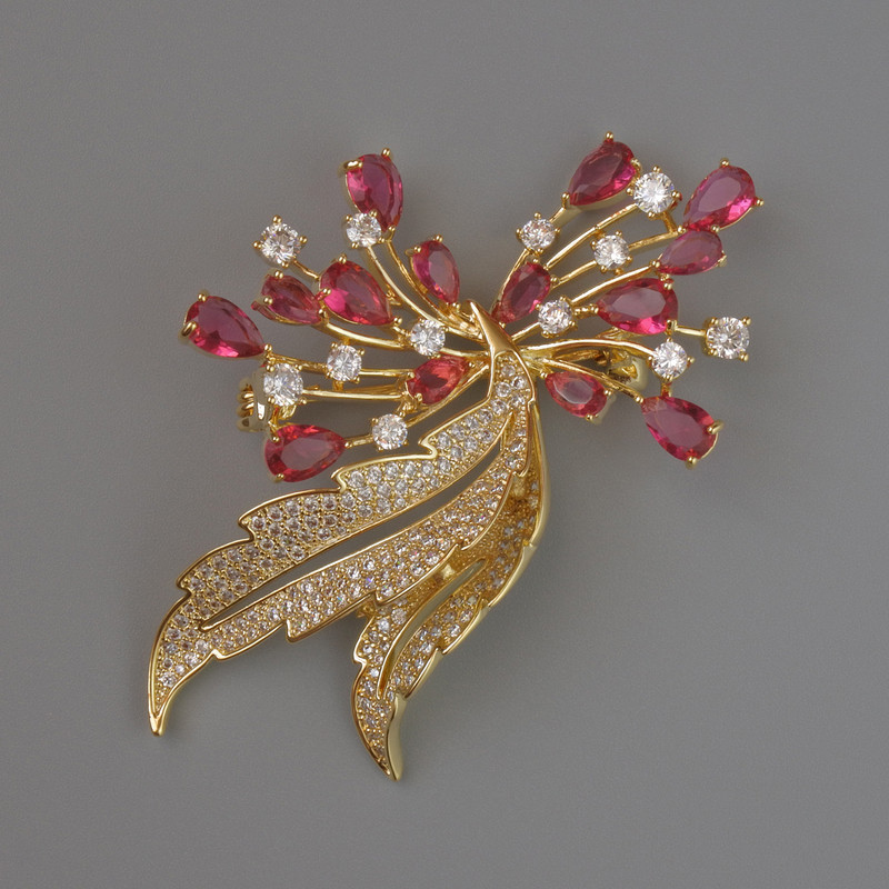 Accent Brooch with Red and White Crystals, White Rhinestones, 52x38mm, Gold-Tone Metal