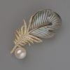 Abalone Shell Feather Brooch, White Bead and Rhinestones 51x25mm Gold-Tone Metal