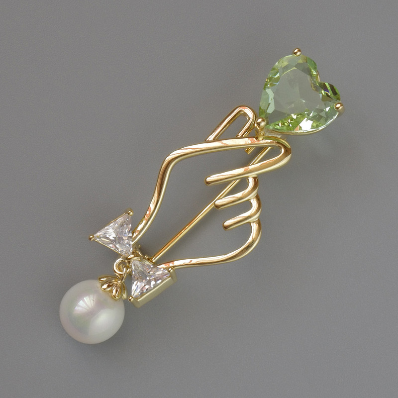 Symbol of Love Brooch, Green and White Crystal, White Bead 45x16mm Gold-Tone Metal