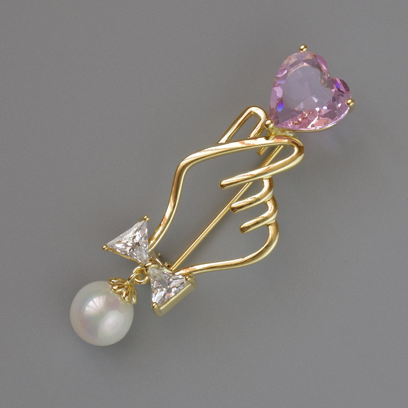 Symbol of Love Brooch, Pink and White Crystal, White Bead 45x16mm Gold-Tone Metal