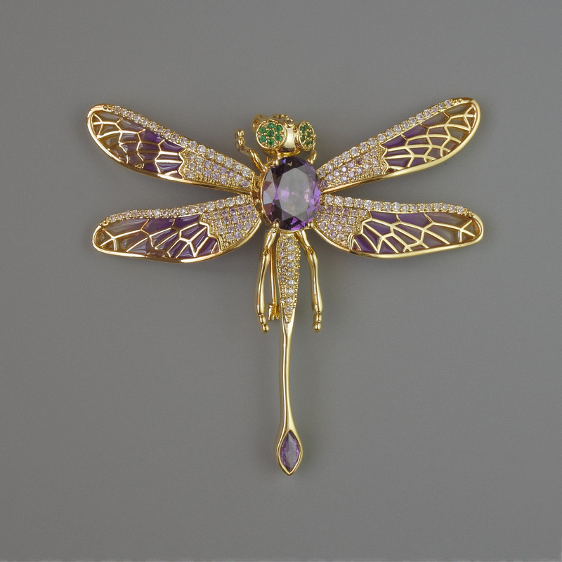 Dragonfly Brooch, Purple Crystal, White and Green Rhinestones 52x52mm Gold-Tone Metal