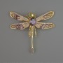 Dragonfly Brooch, Purple Crystal, White and Green Rhinestones 52x52mm Gold-Tone Metal