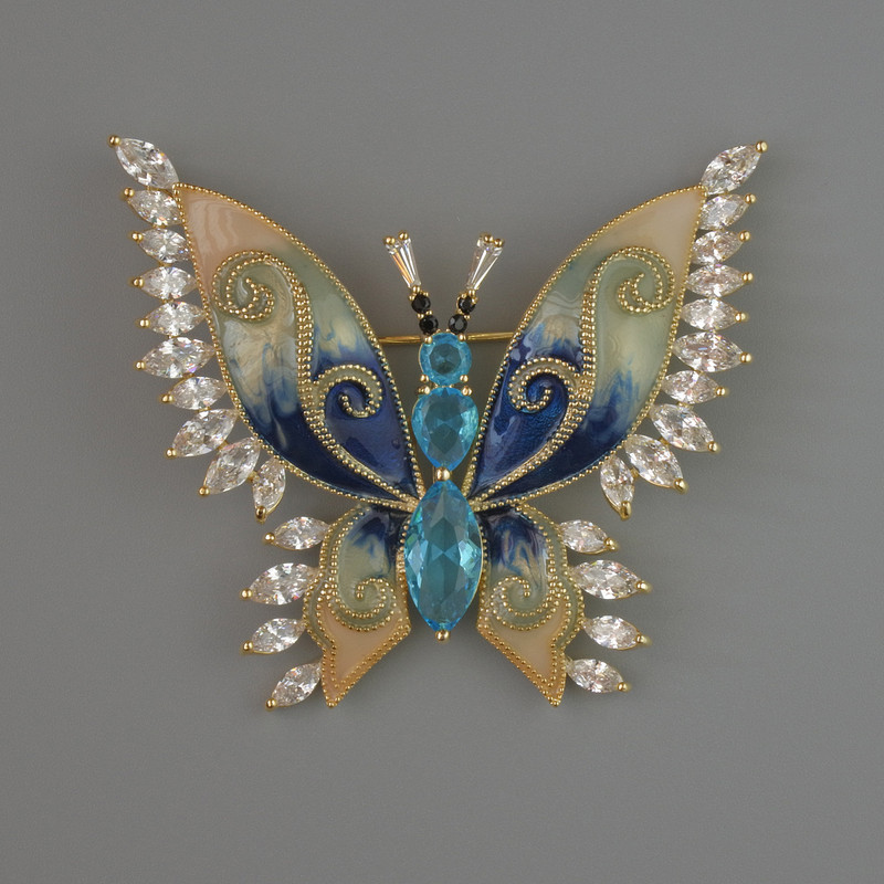 Butterfly Brooch, Blue and White Crystals, Beige and Navy Enamel 45x52mm Gold-Tone Metal