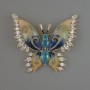 Butterfly Brooch, Blue and White Crystals, Beige and Navy Enamel 45x52mm Gold-Tone Metal