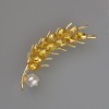 Wheat Ear Brooch with Yellow Crystals and White Bead, 57x15mm, Gold-Tone Metal