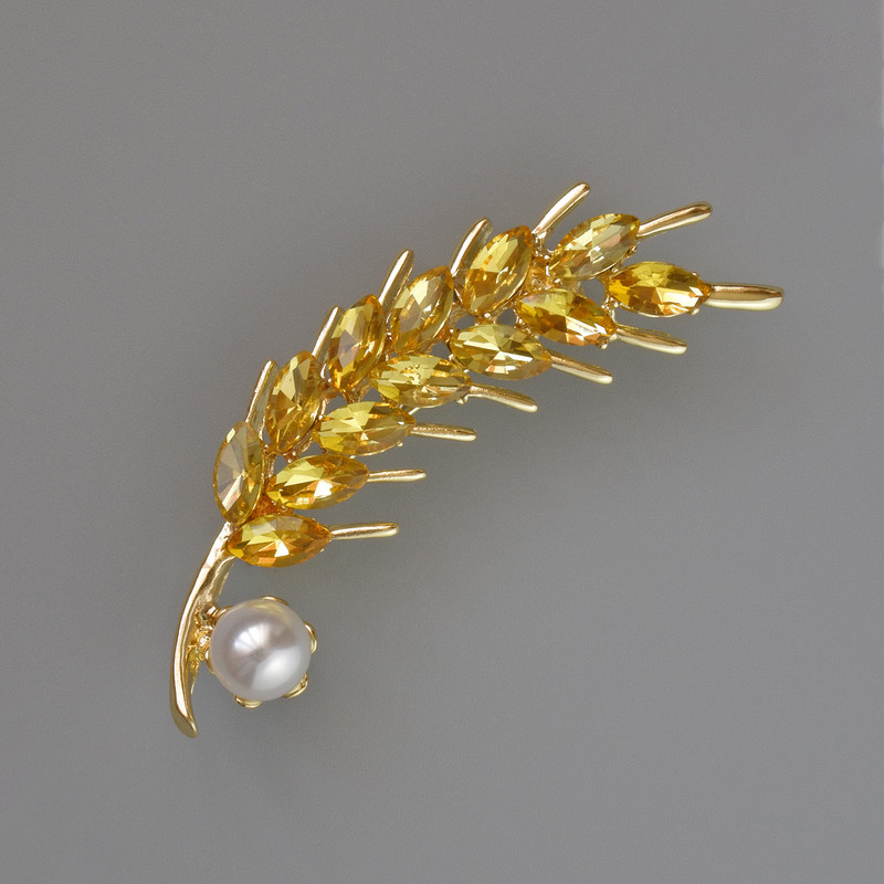 Wheat Ear Brooch with Yellow Crystals and White Bead, 57x15mm, Gold-Tone Metal