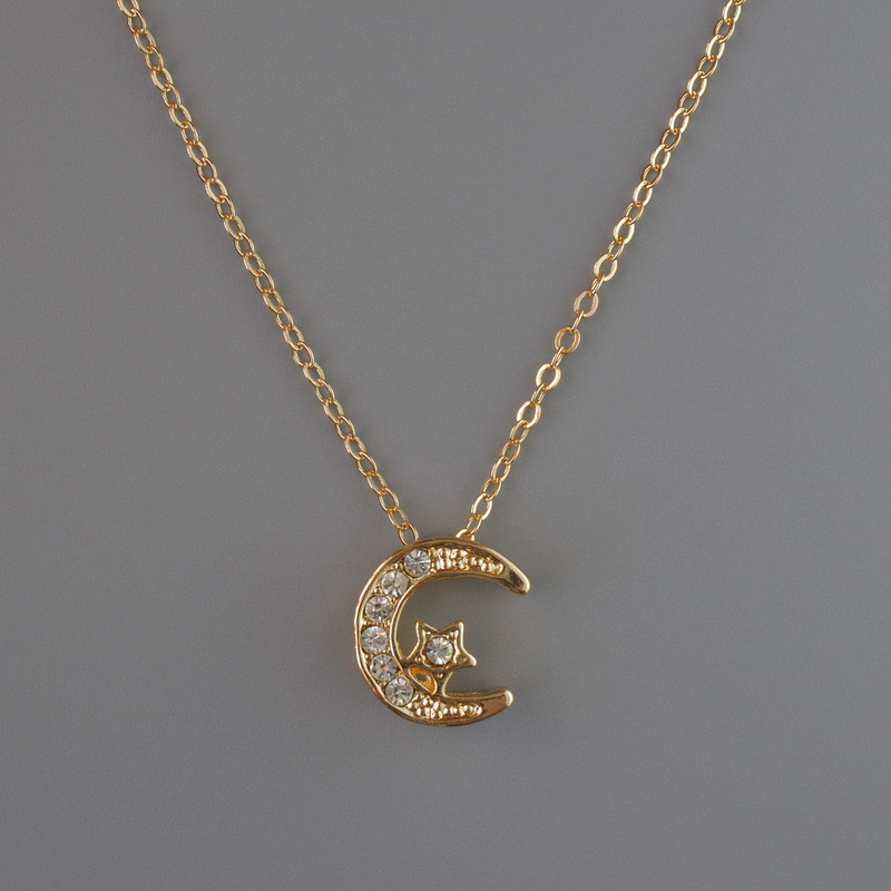 Pendant "Moon" on Chain, Gold-Tone Metal, 13x12mm, Thickness 1mm +/-, Chain Length 40-45cm +