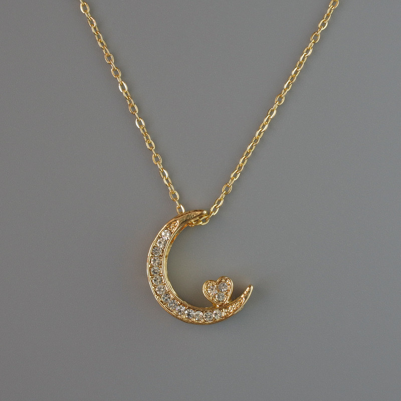 Pendant "Moon" on Chain, Gold-Tone Metal, 18x14mm, Thickness 1mm +/-, Chain Length 40-45cm +