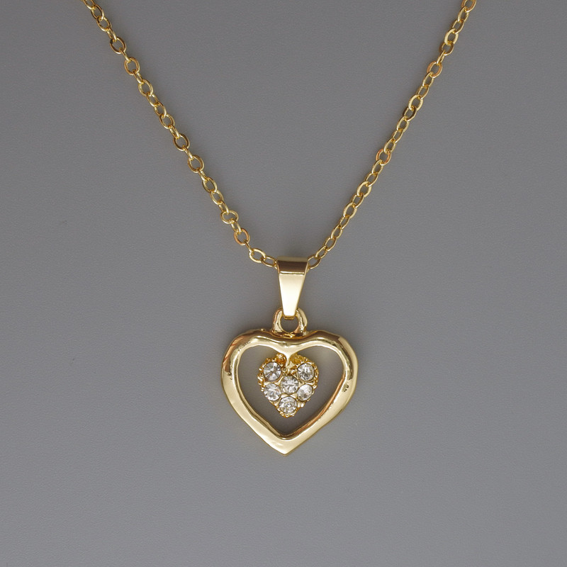 Pendant "Heart" on Chain, Gold-Tone Metal, 16x15mm, Thickness 1mm +/-, Chain Length 40-45cm +