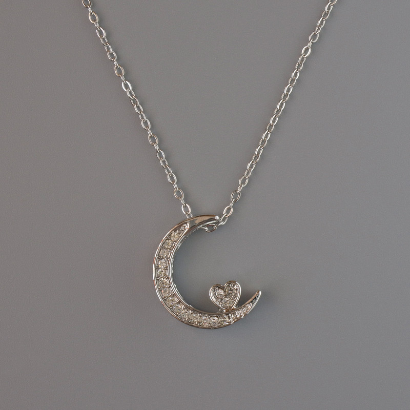 Pendant "Moon" on Chain, Silver-Tone Metal, 18x14mm, Thickness 1mm +/-, Chain Length 40-45cm +