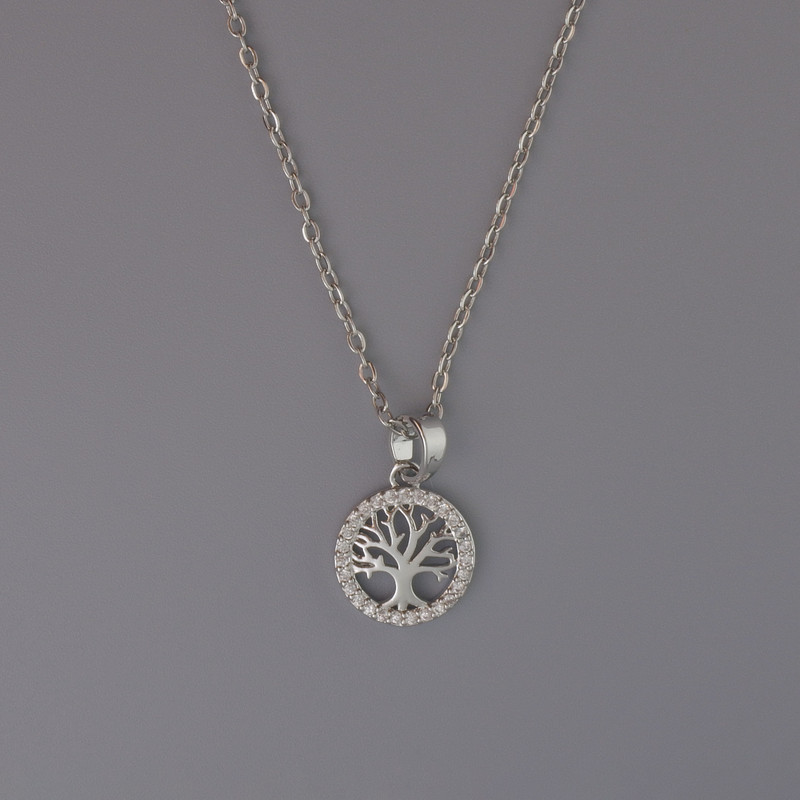 Pendant "Tree" on Chain, Silver-Tone Metal, Diameter 11mm, Thickness 1mm +/-, Chain Length 40-45cm +