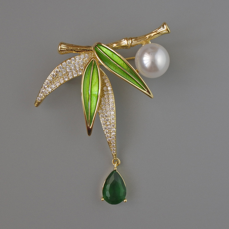 Leaves Brooch with Green Crystal and Enamel, White Rhinestones and Bead, 49x44mm, Gold-Tone Metal