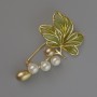 Leaf Brooch with Green Enamel, White and Yellow Beads, 53x31mm, Gold-Tone Metal