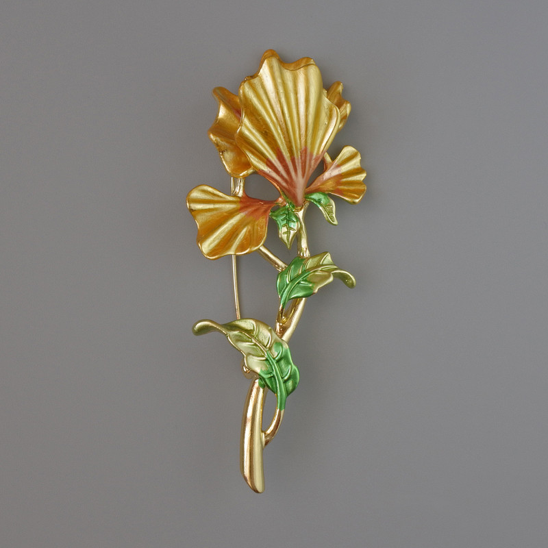 Iris Brooch, Yellow and Green Enamel, 78x34mm, Gold-Tone Metal