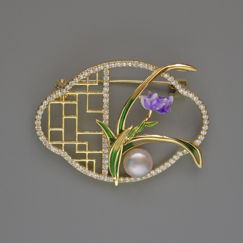 Flower Brooch with White Rhinestones and Bead, Green and Purple Enamel, 31x42mm, Gold-Tone Metal