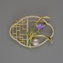 Flower Brooch with White Rhinestones and Bead, Green and Purple Enamel, 31x42mm, Gold-Tone Metal
