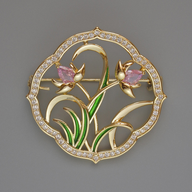 Flowers Brooch with Pink Crystals, White Rhinestones, Green Enamel, 38x38mm, Gold-Tone Metal