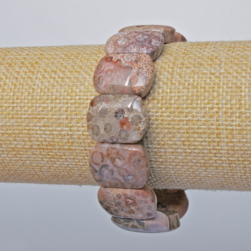 Bracelet Fossilised Coral Natural Rectangular Link, diameter 20x15mm +/-, length 18cm +/- (stretch)