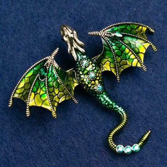 Brooch-Pendant "Dragon" green enamel with blue and green rhinestones, gold-coloured metal 70x63mm+