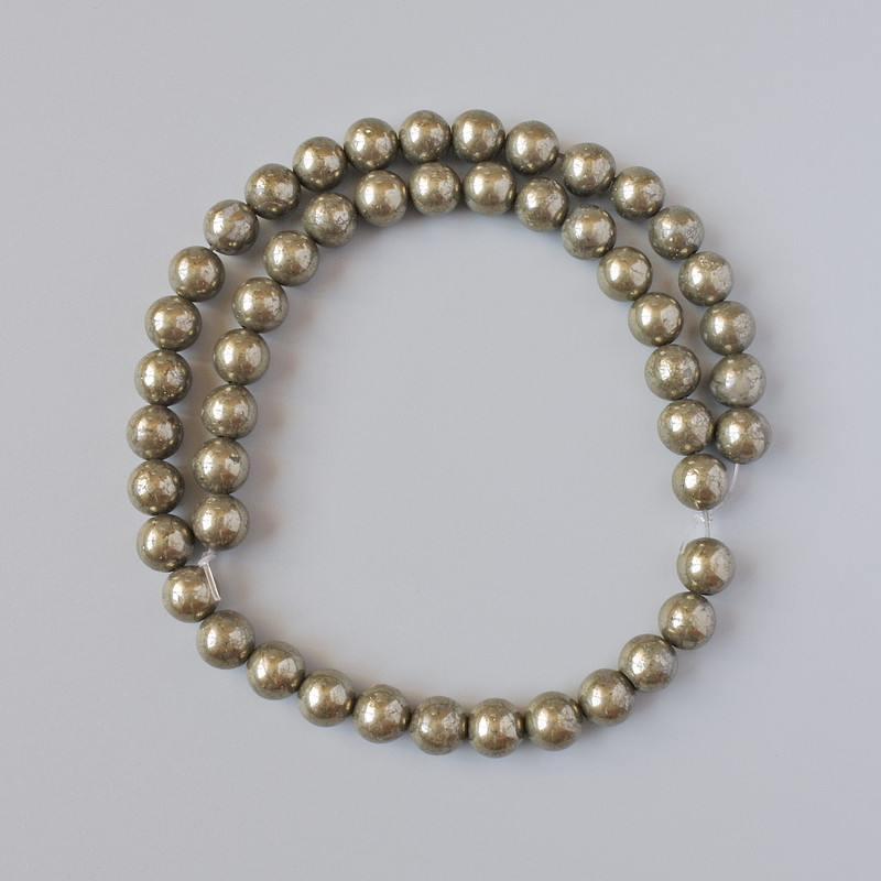 Pyrite Beads natural stone smooth round, diameter 8mm +/-, length 39cm +/- on fishing line