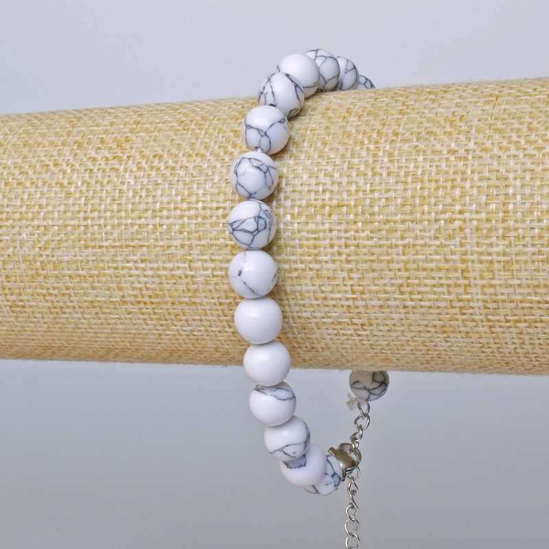Cacholong Bracelet (imitation) smooth bead, diameter 8mm +/-, length 19-24cm +/- (silver-toned clasp)