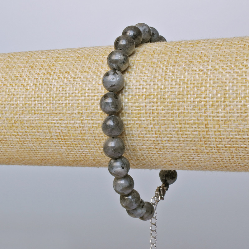 Larvikite Bracelet (pressed) smooth round bead, diameter 8mm +/-, length 19x24cm +/- (silver-tone clasp)