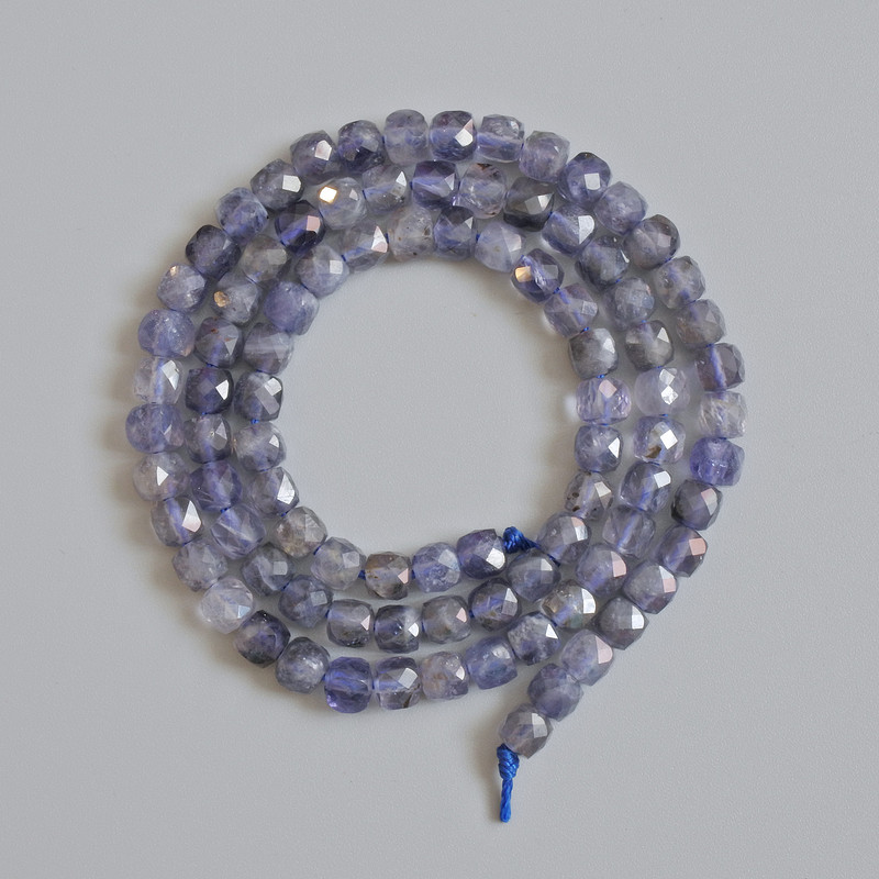 Iolite Beads Natural Stone Faceted Cube, Diameter 4.5mm +/-, Length 39cm +/- on String