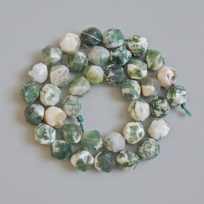 Moss Agate Beads, Natural Stone, Faceted, 10x9mm +/- Diameter, 37cm +/- Length on Thread